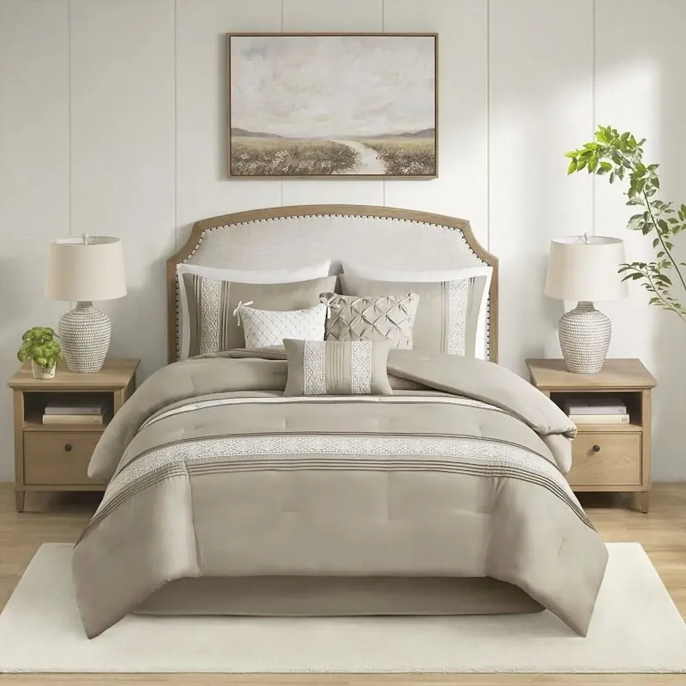 NEW! Madison Park Queen Marla 7PC Lace Trim Comforter Set Throw Pillows Taupe
